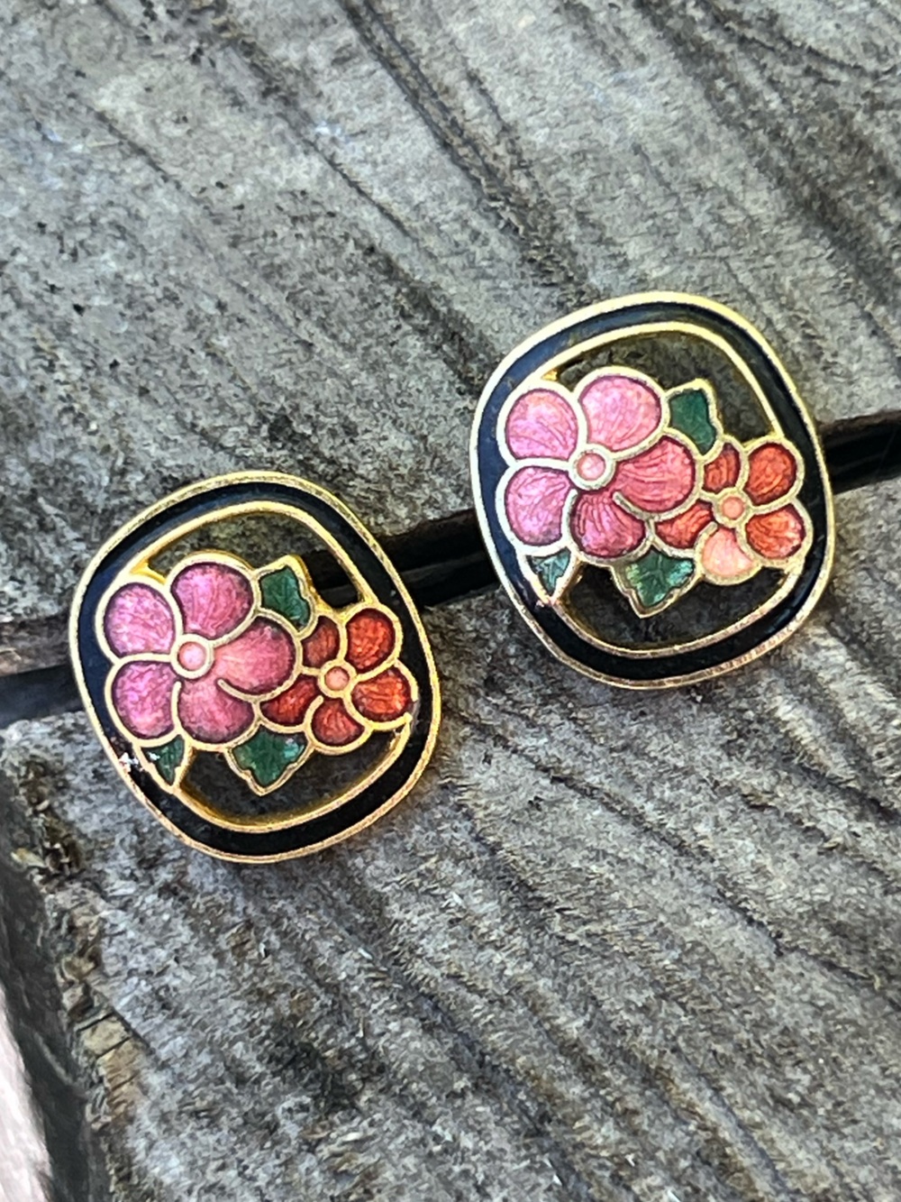 Vintage Cloisonné Enamel Floral Stud Earrings
